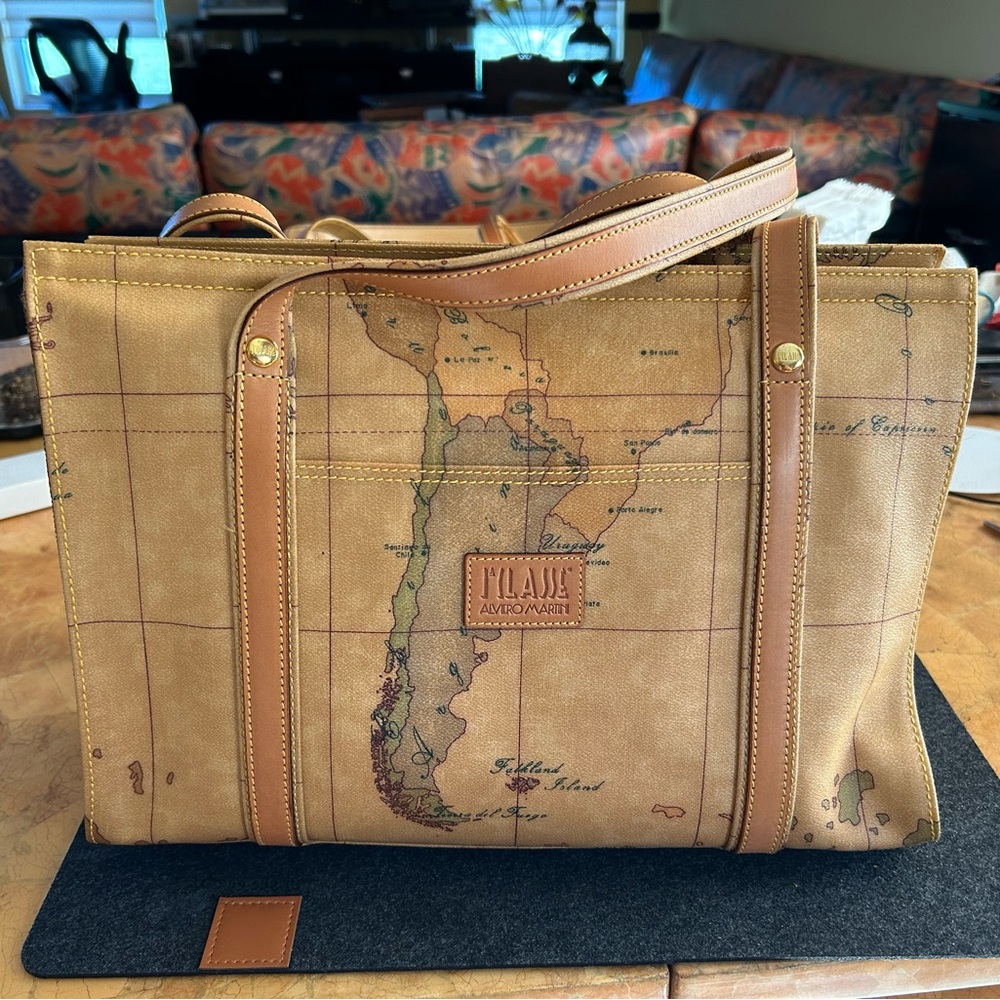 Pristine ALVIERO MARTINI 1a Classe World Geo Print Leather Tote Handbag Shouder